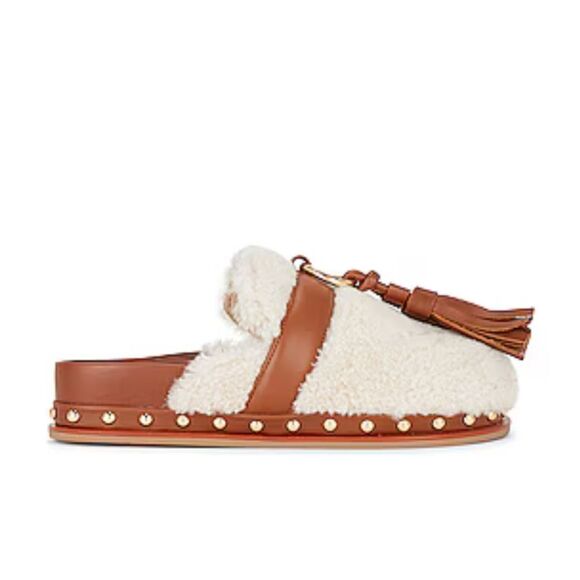 Revolve Ulla Johnson Ruby Shearling Leather Tassel Slide Mules in Cream Brown - Picture 2 of 10